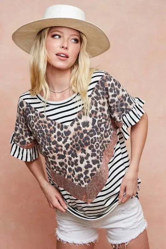 BiBi Stripe Rayon Span Knit Color Block Top With Leopard - Love Salve